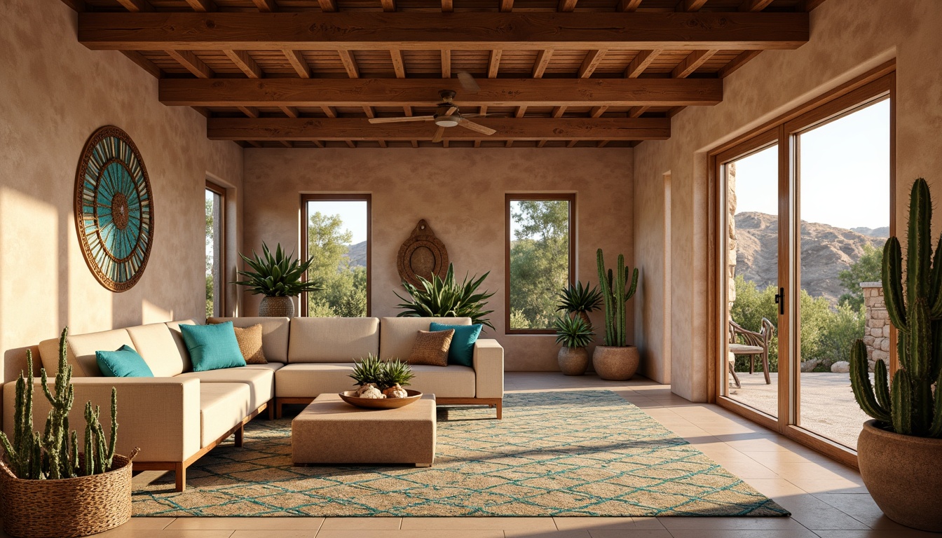 Prompt: Southwestern style interior, warm natural light, large windows, sliding glass doors, earthy tone walls, rustic wooden beams, woven textiles, vibrant turquoise accents, geometric patterned rugs, comfortable sectional sofas, desert botanicals, potted cacti, rattan furniture, organic shapes, soft warm lighting, shallow depth of field, 3/4 composition, realistic textures, ambient occlusion.