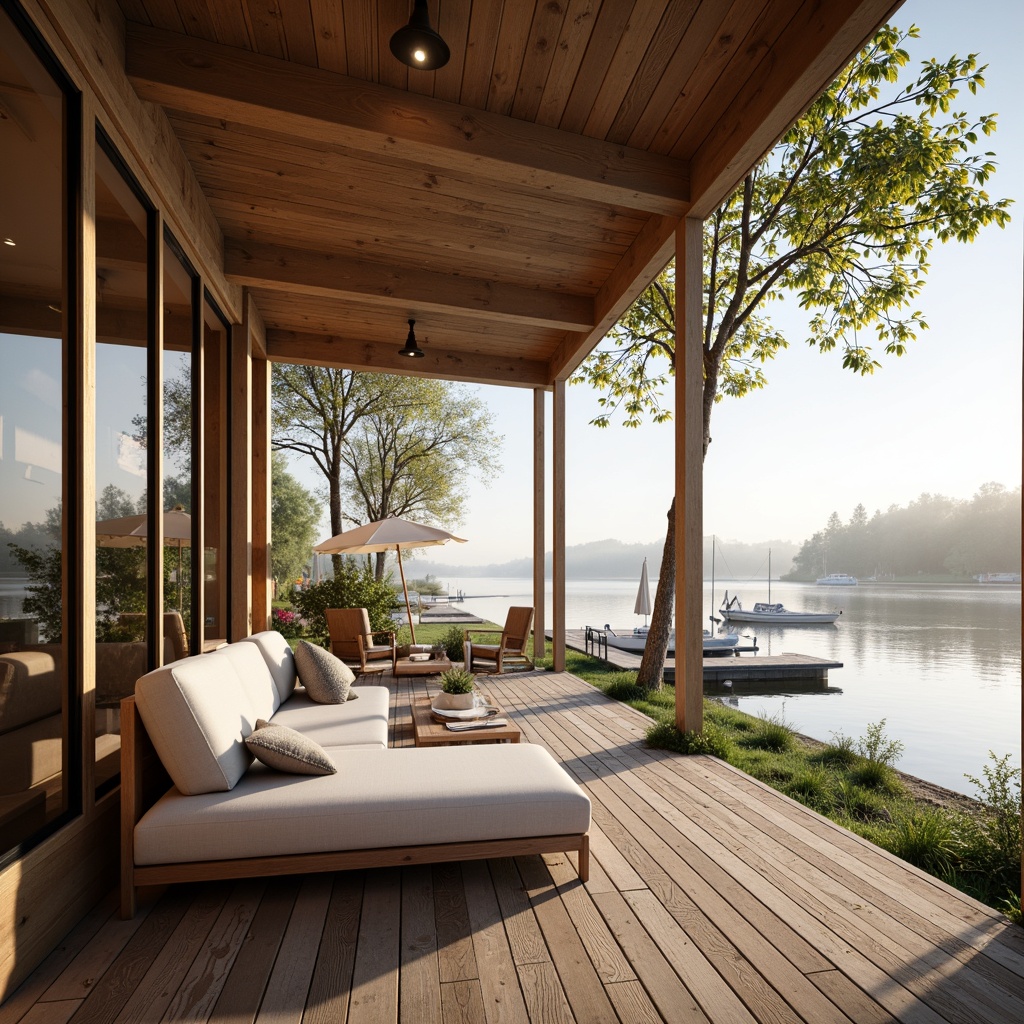 Prompt: Waterfront boathouse, Scandinavian style, natural wood accents, cozy interior, minimal decor, open space concept, large windows, sliding glass doors, outdoor seating area, wooden dock, sailboats, calm lake water, misty morning atmosphere, soft warm lighting, shallow depth of field, 3/4 composition, panoramic view, realistic textures, ambient occlusion.