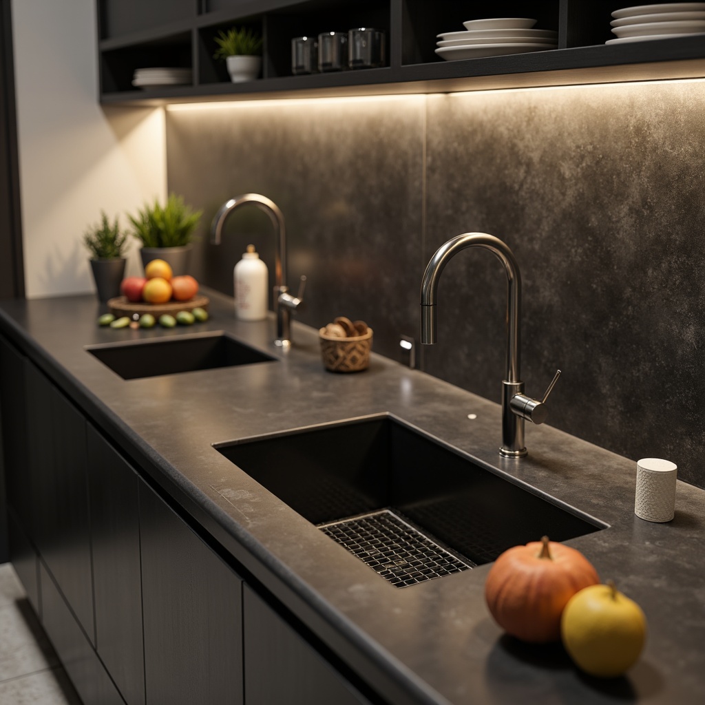 Prompt: Modern kitchen, sleek sink basins, stainless steel faucets, waterfall countertops, minimalist cabinetry, LED lighting, sensor-activated taps, matte black finishes, geometric drain designs, wall-mounted fixtures, single-bowl sinks, quartz countertops, high-gloss surfaces, futuristic aesthetics, 3/4 composition, shallow depth of field, soft warm lighting.