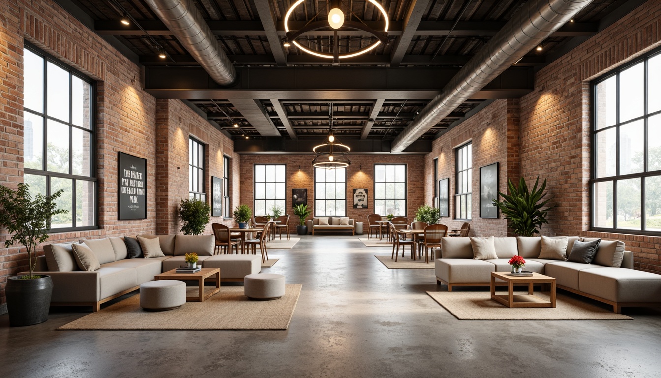 Prompt: Industrial chic interior, exposed brick walls, polished concrete floors, metal beams, reclaimed wood accents, minimalist decor, open-plan layout, high ceilings, floor-to-ceiling windows, abundant natural light, cozy reading nooks, comfortable sofas, modern chandeliers, stylish pendant lights, eclectic artwork, vintage rugs, urban loft atmosphere, functional modular furniture, collaborative workspaces, creative thinking areas, inspirational quotes, motivational posters, neutral color palette, warm beige tones, soft creamy whites, industrial-style lighting fixtures, 1/1 composition, shallow depth of field, realistic textures, ambient occlusion.