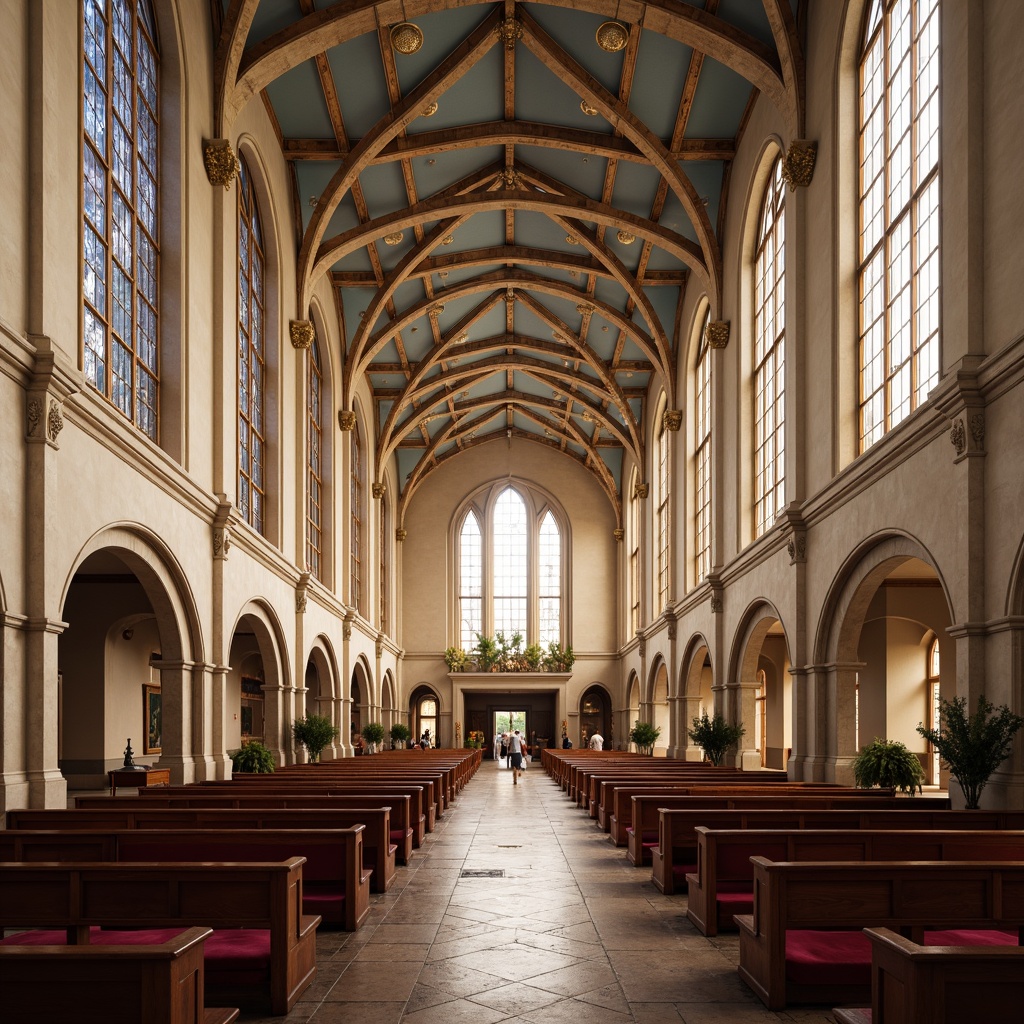 Prompt: Vaulted ceilings, stained glass windows, ornate wooden pews, intricate stone carvings, warm golden lighting, rich red velvet fabrics, soft cream-colored walls, subtle beige tones, calming blue hues, majestic purple accents, elegant white marble columns, ornamental gold details, serene ambiance, atmospheric misting, gentle natural light, 1/2 composition, symmetrical framing, realistic textures, ambient occlusion.