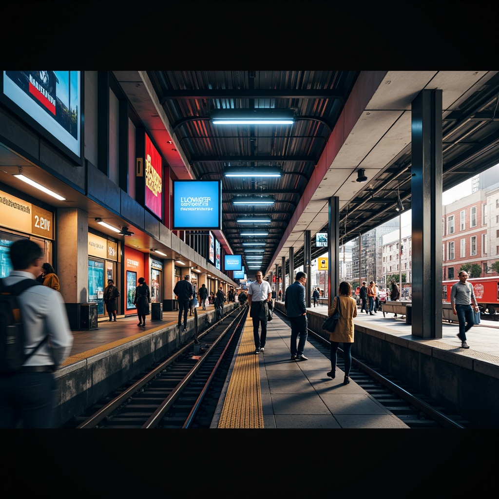 Prompt: Underground metro station, bustling city crowd, modern urban architecture, sleek metal beams, concrete columns, vibrant LED lights, colorful neon signs, futuristic lighting fixtures, dynamic ambiance, warm glowing accents, soft diffused illumination, 3/4 composition, shallow depth of field, realistic textures, ambient occlusion, urban soundscape, rush hour atmosphere, morning commute, evening relaxation, warm sunny day, soft natural light, subtle color grading.