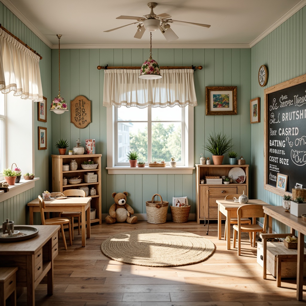 Prompt: Whimsical kindergarten classroom, soft pastel colors, distressed wood accents, vintage-inspired decorations, floral patterns, ruffled curtains, lace trimming, antique furniture, chalkboard walls, colorful alphabet letters, framed child artwork, playful stuffed animals, woven baskets, natural fiber rugs, warm cozy lighting, shallow depth of field, 1/1 composition, inviting atmosphere, realistic textures, ambient occlusion.