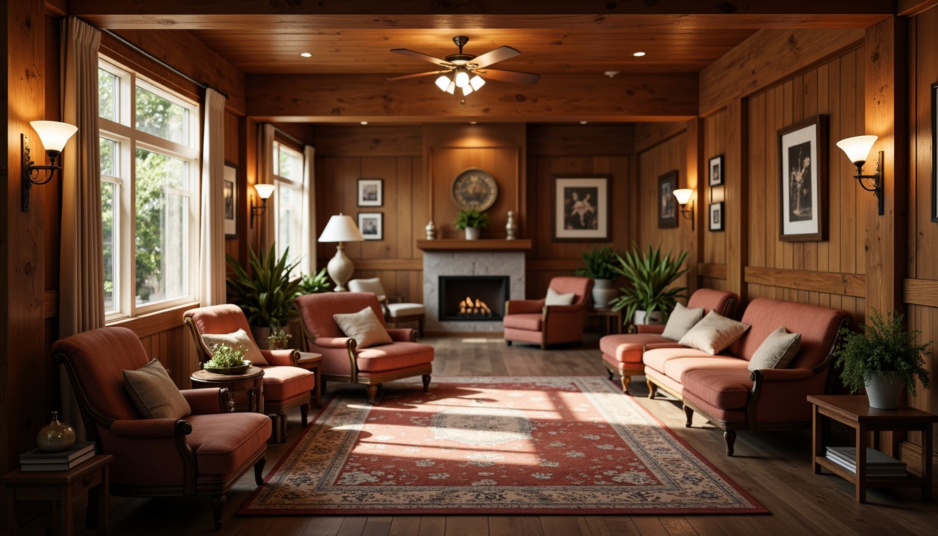 Prompt: Warm traditional rehabilitation center, wooden accents, vintage furniture, comfortable sofas, plush armchairs, rich upholstery fabrics, ornate carvings, classic lamp fixtures, natural wood tones, earthy color palette, cozy atmosphere, tranquil ambiance, soft warm lighting, shallow depth of field, 3/4 composition, realistic textures, ambient occlusion, wooden floors, Persian rugs, traditional artwork, subtle patterns, elegant furnishings, soothing colors, calming decor.