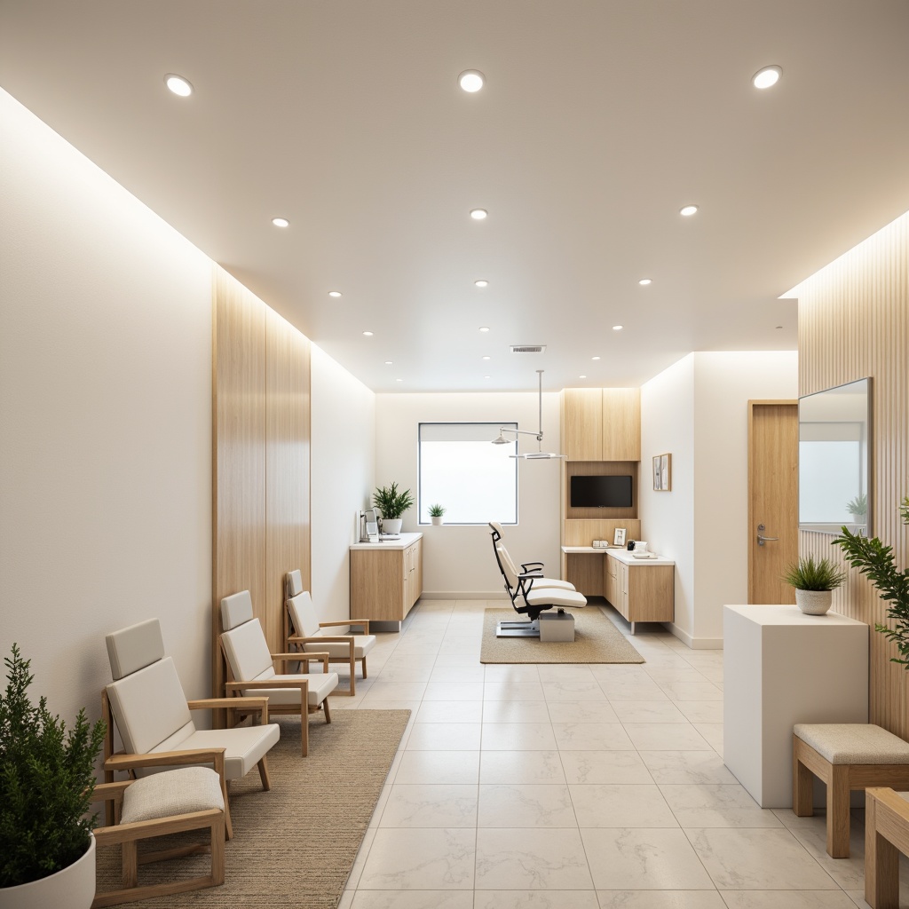 Prompt: Simple dental clinic, minimal decor, white walls, light wood accents, modern furniture, sleek lines, subtle textures, warm neutral tones, soft diffused lighting, LED strips, recessed lighting, ambient glow, 1/1 composition, realistic renderings, shallow depth of field, calming atmosphere, clean spaces, medical equipment, dental chairs, waiting area, reception desk, natural stone floors, green plants, soft music, gentle color scheme.