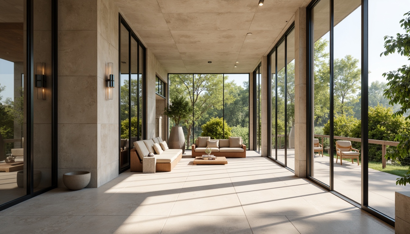 Prompt: Modern sunroom, sleek glass walls, sliding doors, polished concrete floors, industrial chic aesthetic, natural light flooding, warm beige tones, minimalist decor, sparse greenery, low-maintenance materials, durable surfaces, anti-slip coatings, subtle texture variations, 1/1 composition, soft diffused lighting, realistic reflections, ambient occlusion.