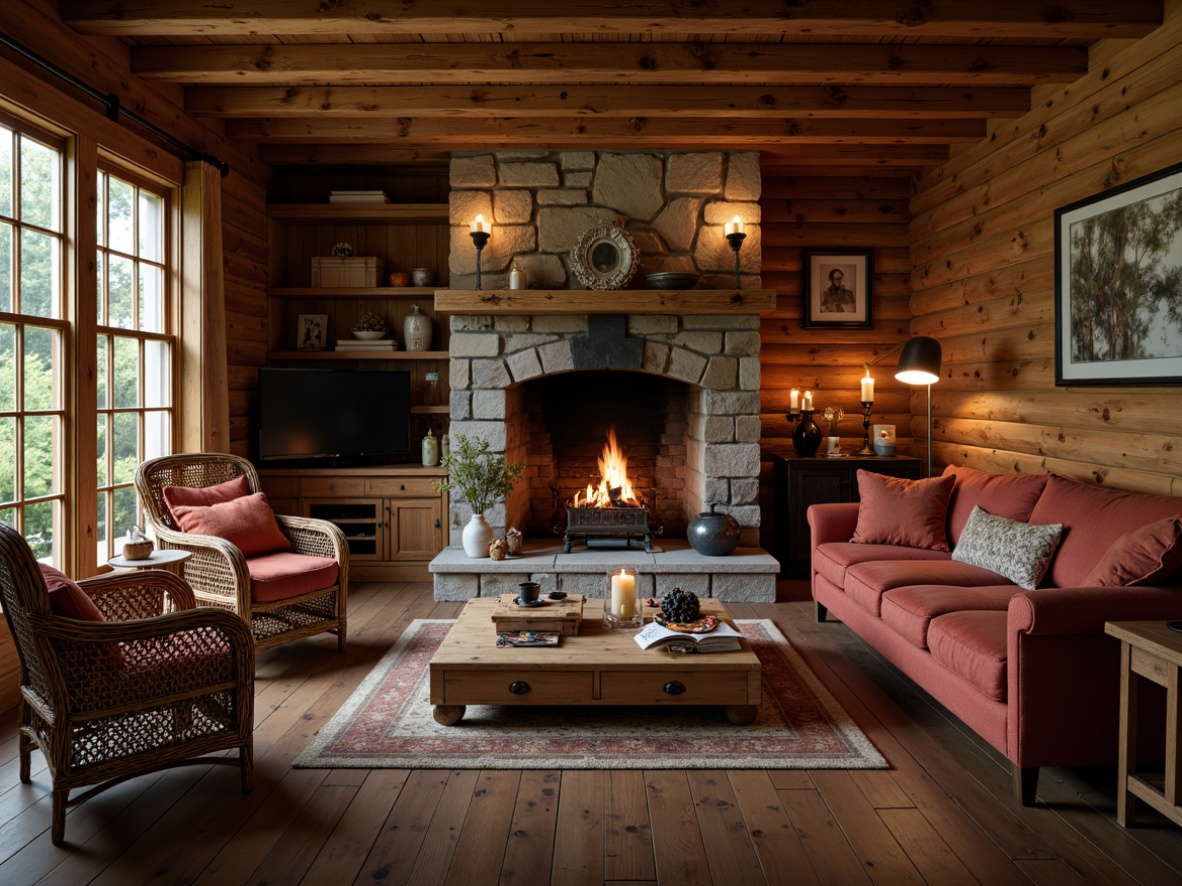 Prompt: Rustic wooden cabin, natural stone fireplace, vintage furniture pieces, distressed wood textures, earthy color palette, woven wicker chairs, plush velvet sofas, antique metal accents, candlelit ambiance, warm cozy lighting, shallow depth of field, 1/1 composition, realistic wood grain, ambient occlusion.