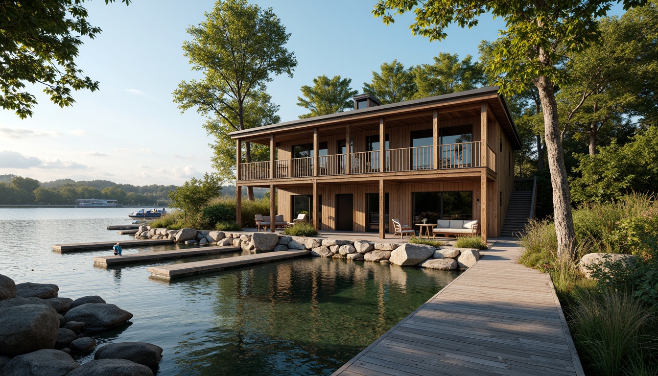 Prompt: Waterfront boathouse, rustic wooden docks, serene lake views, nautical-themed decorations, weathered wood accents, calming blue-green hues, earthy tones, natural stone foundations, lush vegetation, sunny day, soft warm lighting, shallow depth of field, 3/4 composition, realistic textures, ambient occlusion.