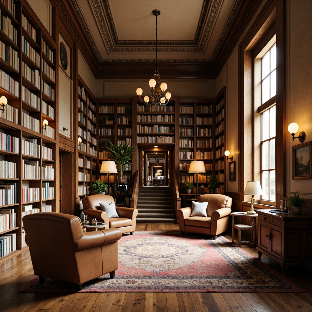 Prompt: Cozy library atmosphere, vintage bookshelves, worn wooden floors, distressed leather armchairs, rich wood paneling, natural stone walls, earthy color palette, warm soft lighting, rustic metal lanterns, classic reading tables, comfortable plush carpets, decorative antique rugs, intricate moldings, ornate ceiling details, grand staircase, floor-to-ceiling bookcases, warm beige tones, shallow depth of field, 2/3 composition, realistic textures, ambient occlusion.