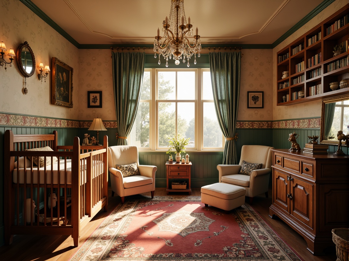 Prompt: Cozy Victorian-style nursery, soft warm glow, ornate chandeliers, delicate pendant lights, pastel-colored walls, floral patterns, plush area rugs, velvet drapes, antique furniture, intricate carvings, vintage toys, bookshelves with leather-bound books, gentle morning light, warm afternoon sunbeams, shimmering crystal prisms, elegant cove lighting, 1/1 composition, intimate atmosphere, subtle shadows, realistic textures.