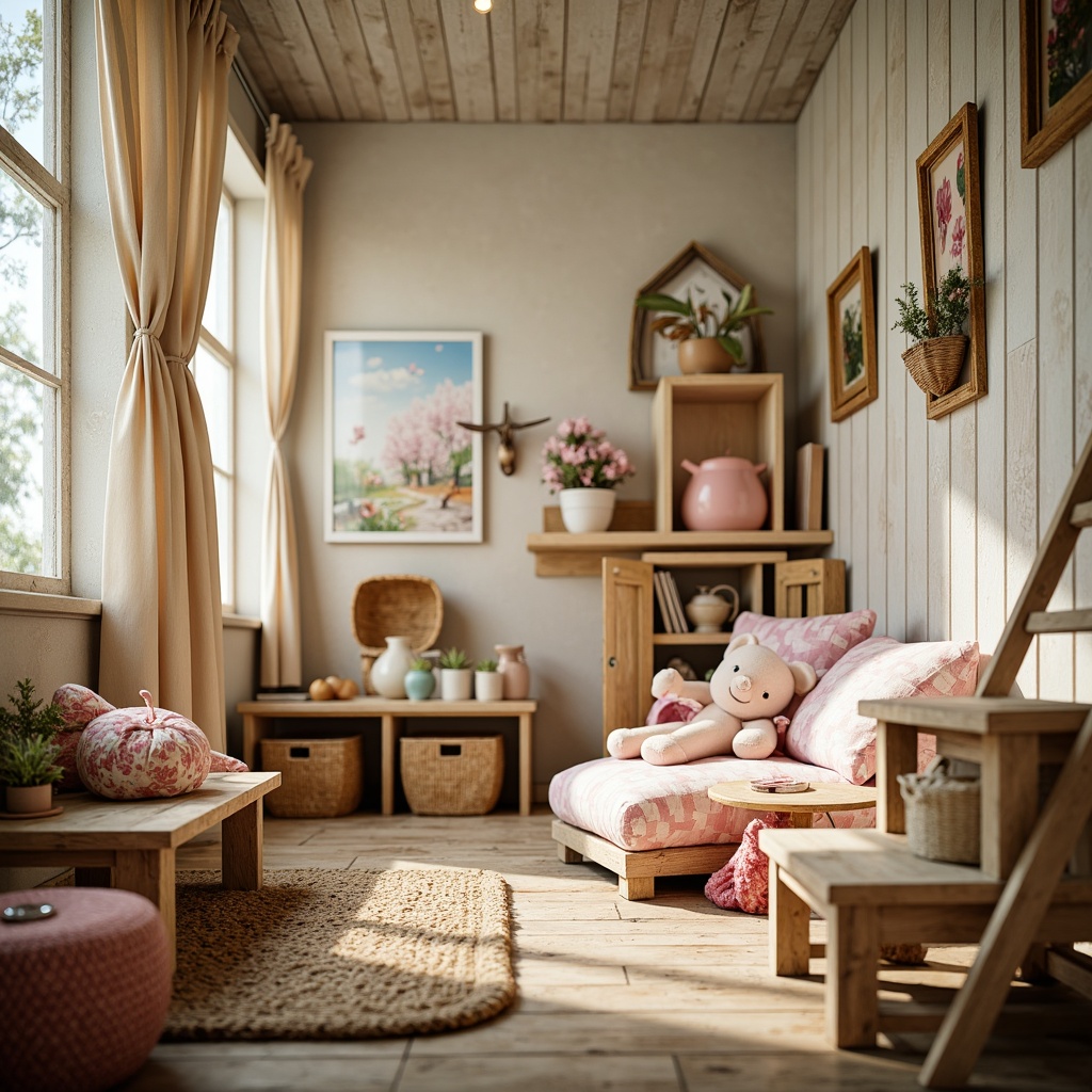 Prompt: Whimsical kindergarten playground, vintage wooden playsets, distressed finishes, pastel color palette, soft cushions, plush toys, flower-patterned textiles, lace curtains, rustic wooden benches, woven baskets, natural fiber rugs, warm lighting, shallow depth of field, 1/2 composition, romantic atmosphere, gentle bokeh effect, realistic textures, ambient occlusion.