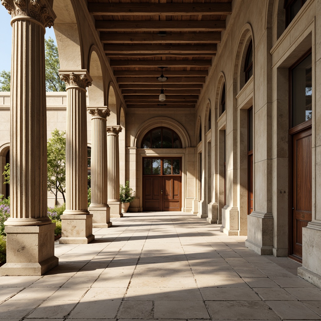 Prompt: \Elegant columns, neoclassical architecture, ornate capitals, fluted shafts, rustic stone bases, grand entranceways, sweeping arches, symmetrical facades, classical proportions, richly textured stonework, subtle color palette, warm natural lighting, shallow depth of field, 1/2 composition, panoramic view, realistic textures, ambient occlusion.\