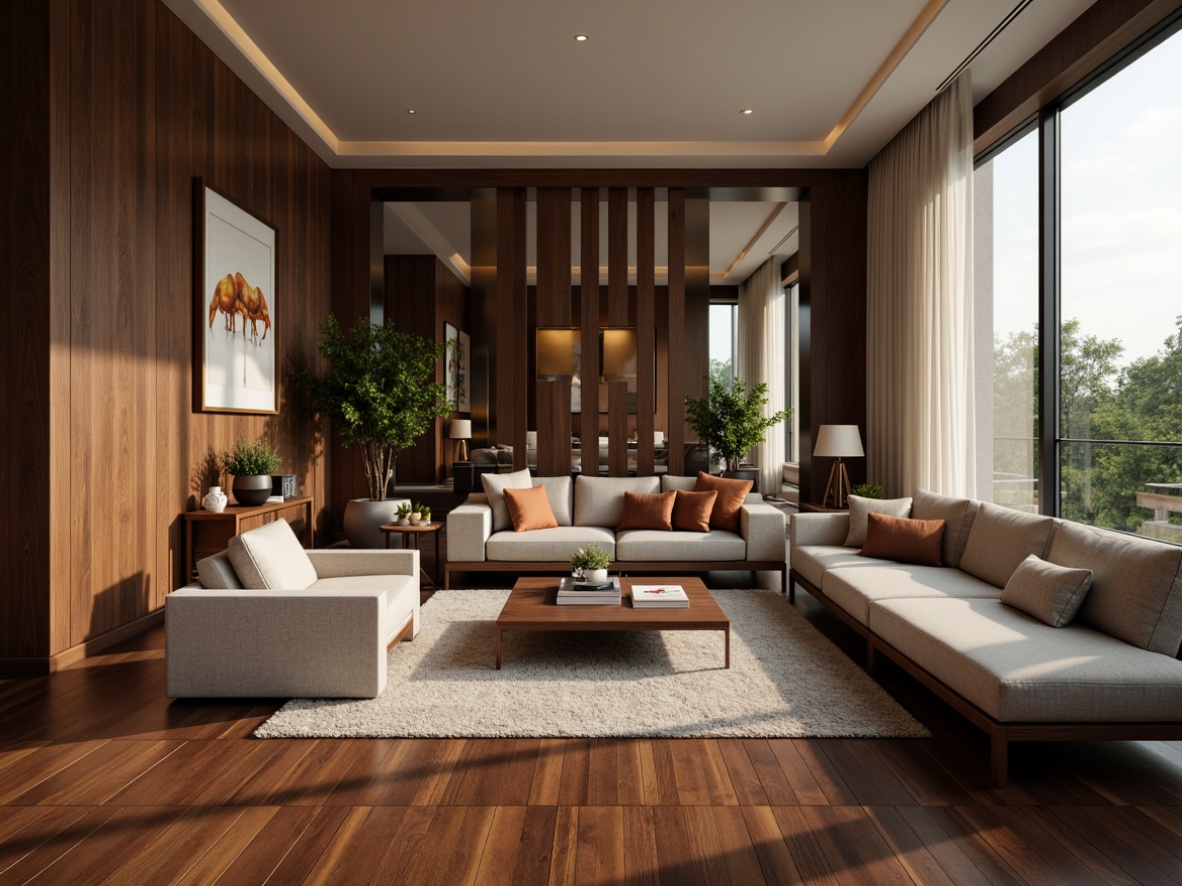 Prompt: Luxurious living room, hardwood flooring, rich dark wood tone, high-gloss finish, herringbone pattern, plush area rug, comfortable seating arrangement, modern minimalist decor, soft warm lighting, 1/1 composition, realistic textures, ambient occlusion, cozy atmosphere, elegant style, durable materials, scratch-resistant surface, easy maintenance, sustainable forest sourcing.