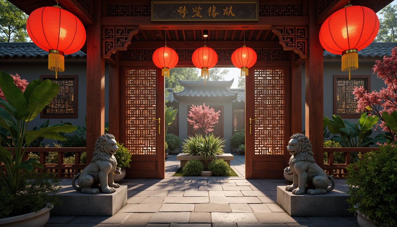 Prompt: Vibrant red lanterns, intricately carved wooden doors, ornate golden hardware, majestic stone lions, lush greenery, tropical plants, natural bamboo accents, warm paper lantern lighting, soft misty atmosphere, shallow depth of field, 1/2 composition, realistic textures, ambient occlusion, serene Asian-inspired courtyard, peaceful water feature, delicate cherry blossom patterns, subtle gradient color transitions.