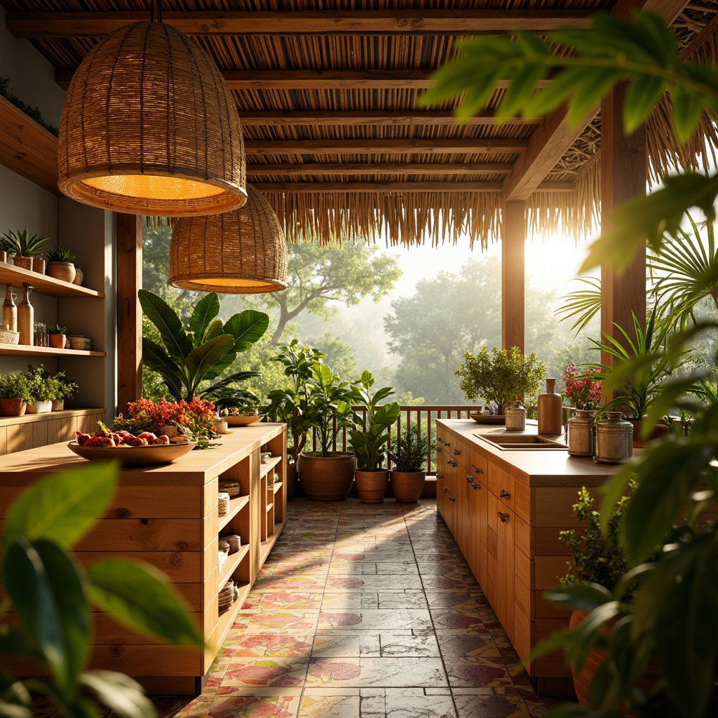 Prompt: Vibrant tropical kitchen ambiance, warm golden lighting, pendant lamps, rattan shades, natural wood accents, bamboo countertops, colorful ceramic tiles, lush greenery, palm fronds, exotic flowers, soft ocean breeze, sunny morning, shallow depth of field, 1/1 composition, realistic textures, ambient occlusion.