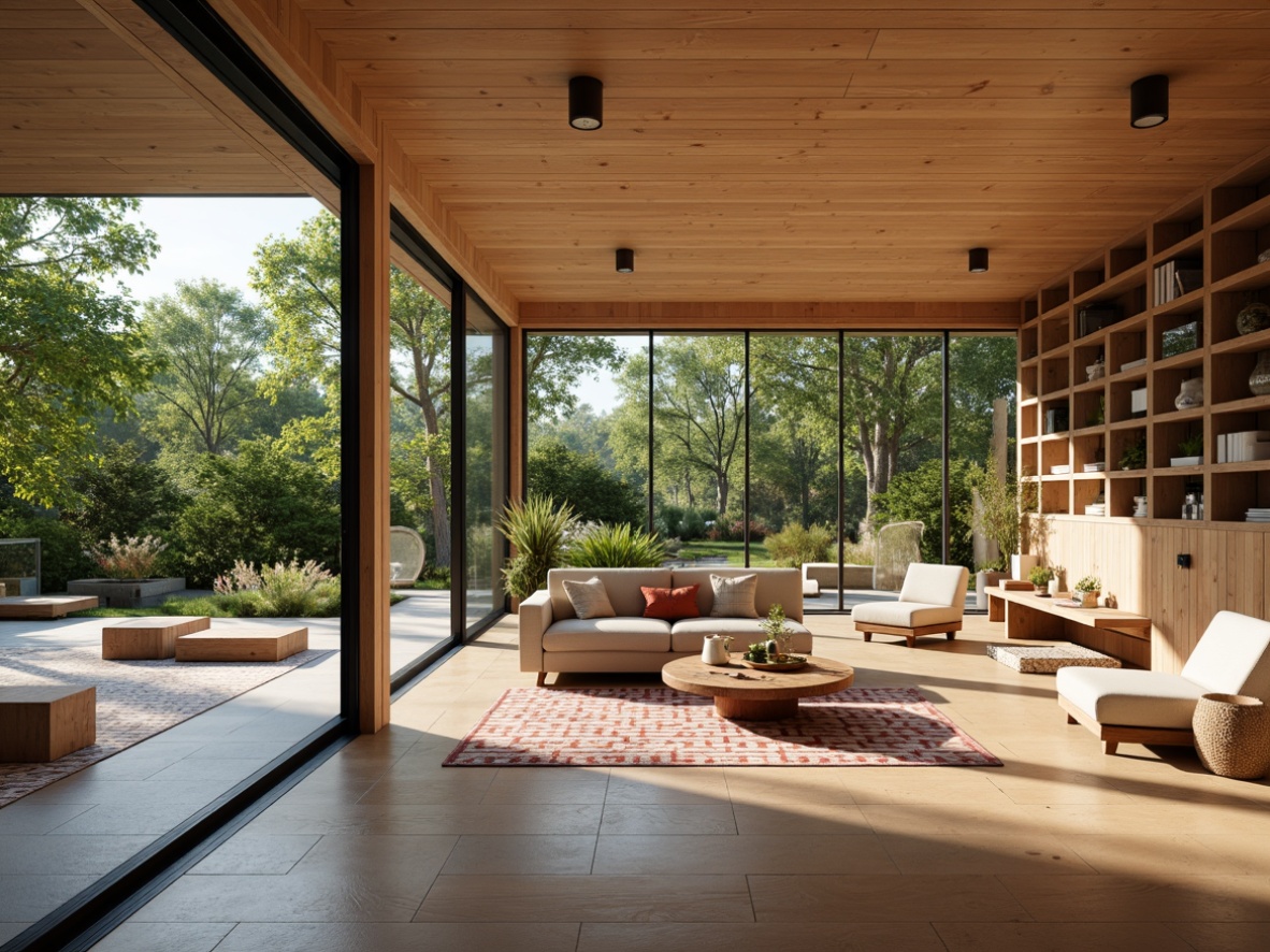 Prompt: Open-plan living spaces, floor-to-ceiling windows, sliding glass doors, natural light-filled interiors, wooden flooring, minimal ornamentation, functional built-in shelving, geometric patterned rugs, statement lighting fixtures, earthy color palette, organic shapes, free-flowing circulation paths, integrated indoor-outdoor connections, lush greenery surroundings, mature trees, sunny afternoon, warm soft lighting, shallow depth of field, 3/4 composition, panoramic view, realistic textures, ambient occlusion.