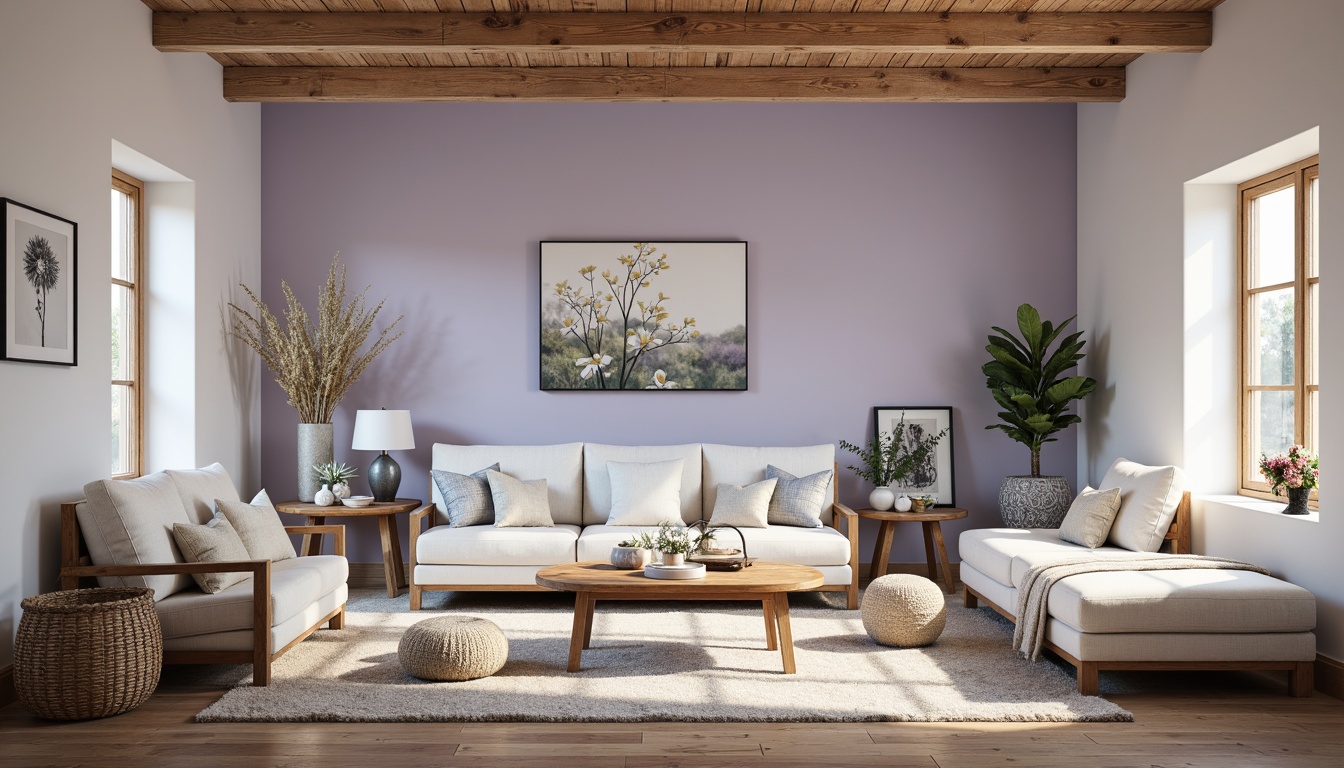 Prompt: Soft lavender walls, calming blue accents, creamy white furniture, natural wood textures, woven baskets, plush throw blankets, velvety soft rugs, delicate porcelain vases, subtle botanical prints, warm golden lighting, shallow depth of field, 1/1 composition, cozy reading nook, inviting conversation pit, rustic wooden beams, distressed metal decor, serene ambiance, relaxed modern living room, peaceful atmosphere.