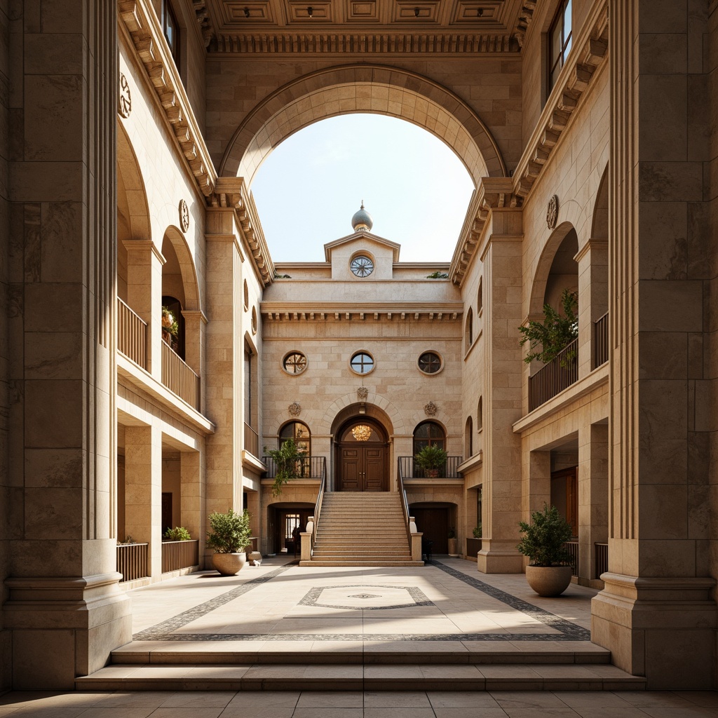 Prompt: Grand courthouse building, Neoclassical architecture, imposing columns, ornate facades, rusticated stone walls, decorative cornices, clock tower, grand entrance stairs, bronze doors, rich wood paneling, intricate moldings, high ceilings, marble floors, ornate chandeliers, natural light pouring in, warm beige tones, subtle texture variations, realistic material renderings, shallow depth of field, 1/1 composition, symmetrical framing, dramatic lighting effects.