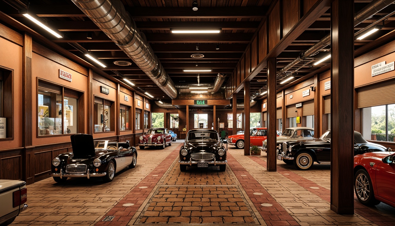 Prompt: Art Deco-inspired garage interior, rich wooden flooring, dark-stained walnut planks, geometric patterned tiles, hexagonal mosaics, metallic accents, chrome fixtures, luxurious carpets, bold color schemes, ornate moldings, high-gloss finishes, vintage car displays, nostalgic automotive decor, retro-style signage, warm ambient lighting, dramatic shadowing, 1/2 composition, low-angle shot, realistic reflections.