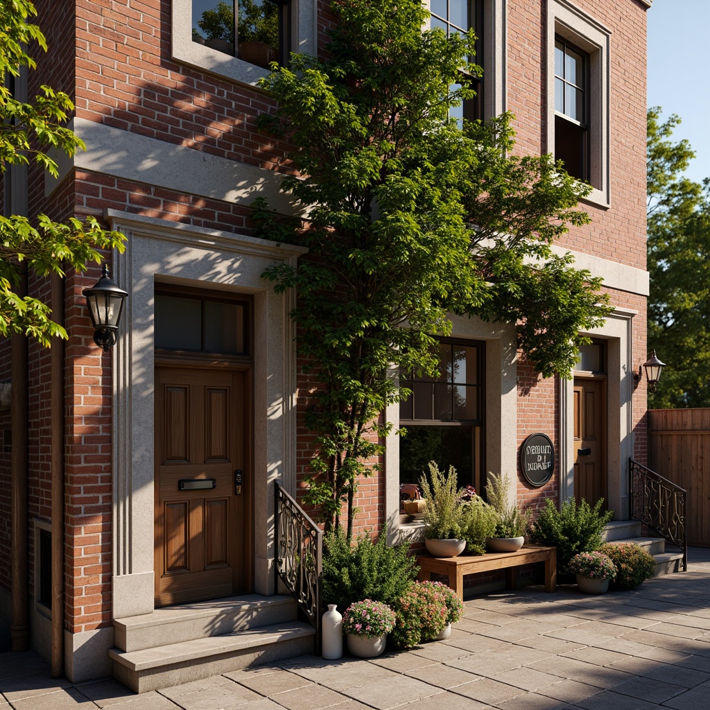 Prompt: Whimsical brick facade, distressed wooden accents, climbing ivy, ornate metal railings, vintage-inspired signage, rustic stone walls, eclectic mix of textures, soft warm lighting, shallow depth of field, 1/2 composition, cozy atmosphere, inviting entranceways, lush greenery, blooming flowers, sunny day, romantic ambiance, nostalgic feel, historic references, classic architectural details.