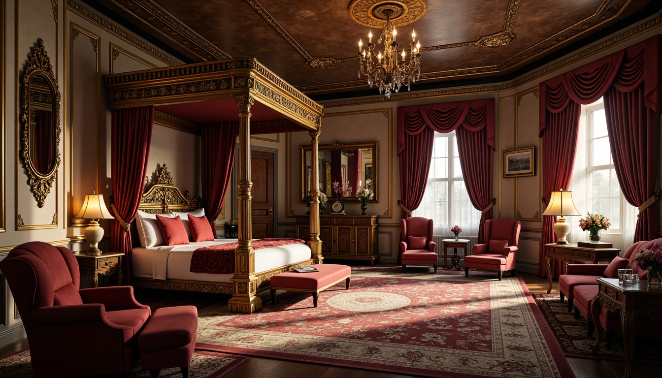 Prompt: Ornate furniture, intricately carved wood, velvet upholstery, golden accents, lavish drapery, richly patterned rugs, opulent chandeliers, grandiose mirrors, stately four-poster beds, intricately designed armchairs, plush sofas, antique vases, ornamental clocks, heavily curtained windows, warm candlelight, 1/1 composition, soft focus, warm color palette.