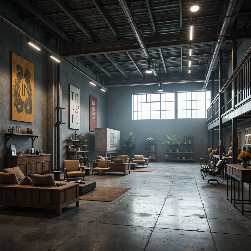 Prompt: Industrial factory setting, polished concrete floors, exposed metal beams, minimalist decor, modern furniture pieces, sleek metal frames, reclaimed wood accents, industrial-style lighting, functional simplicity, monochromatic color scheme, bold typography, distressed textures, atmospheric misting, shallow depth of field, 1/1 composition, cinematic lighting, realistic materials, subtle animations.