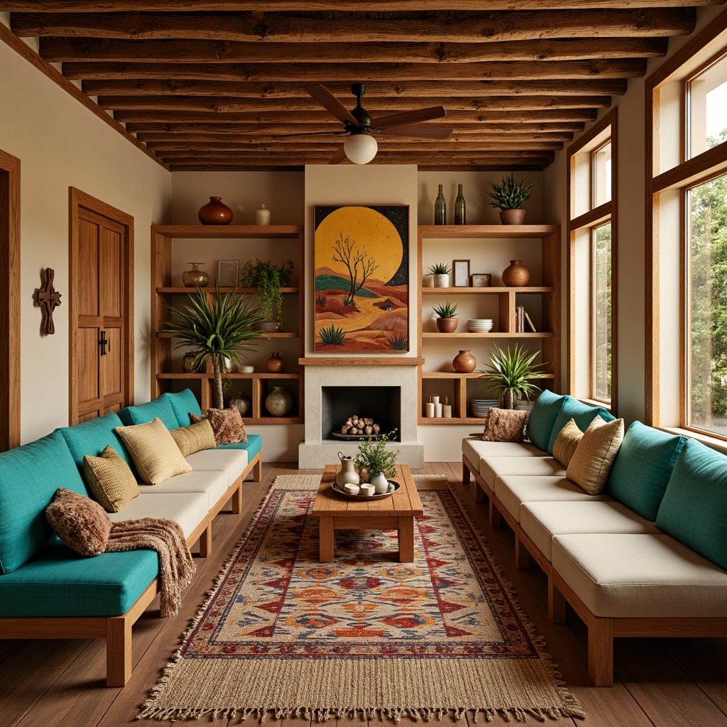 Prompt: Vibrant turquoise accents, rustic wooden shelves, woven Native American-patterned rugs, earthy terracotta pots, colorful ceramic vases, hand-painted desert landscape murals, warm golden lighting, natural fiber textiles, Southwestern-inspired geometric patterns, distressed wooden furniture, woven baskets, potted cacti, ethnic instrumental decorations, warm beige walls, cozy reading nooks, ambient candles, soft focus photography, 1/1 composition, shallow depth of field.