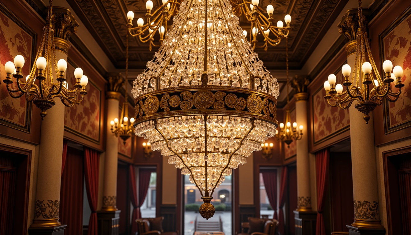 Prompt: Opulent chandeliers, crystal droplets, golden accents, ornate metalwork, lavish candlelight, intricate carvings, grandiose scales, regal colors, rich fabrics, velvet drapes, majestic archways, frescoed ceilings, gilded frames, Baroque patterns, luxurious textures, soft warm glow, dramatic shadows, 1/2 composition, realistic reflections, ambient occlusion.