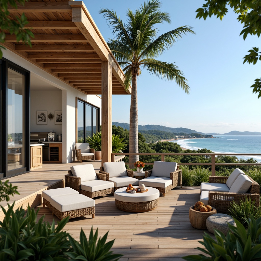 Prompt: Coastal home, oceanfront views, large windows, sliding glass doors, wooden decks, outdoor kitchens, BBQ grills, rattan furniture, nautical color schemes, driftwood accents, seashell decorations, lush greenery, tropical plants, palm trees, sunny day, soft warm lighting, shallow depth of field, 3/4 composition, panoramic view, realistic textures, ambient occlusion.