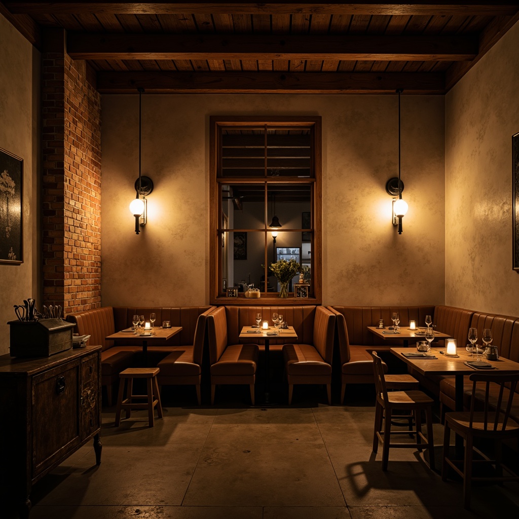 Prompt: Dimmed pub atmosphere, warm beige tones, minimalist decor, reclaimed wood accents, industrial metal fixtures, soft warm lighting, table lamps, floor lamps, cozy corner seating, vintage furniture, distressed brick walls, concrete floors, subtle textures, 1/2 composition, shallow depth of field, warm color grading, cinematic ambiance.