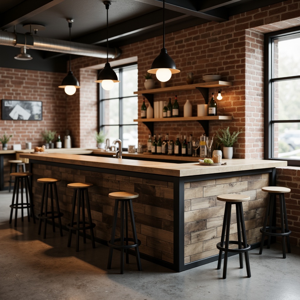 Prompt: Simple wooden bar counters, industrial metal stools, reclaimed wood accents, dimmable pendant lights, concrete floors, exposed brick walls, minimalist decor, neutral color palette, clean lines, functional design, cozy atmosphere, warm ambient lighting, 1/1 composition, shallow depth of field, realistic textures, soft focus effect.Please let me know if this meets your requirements!