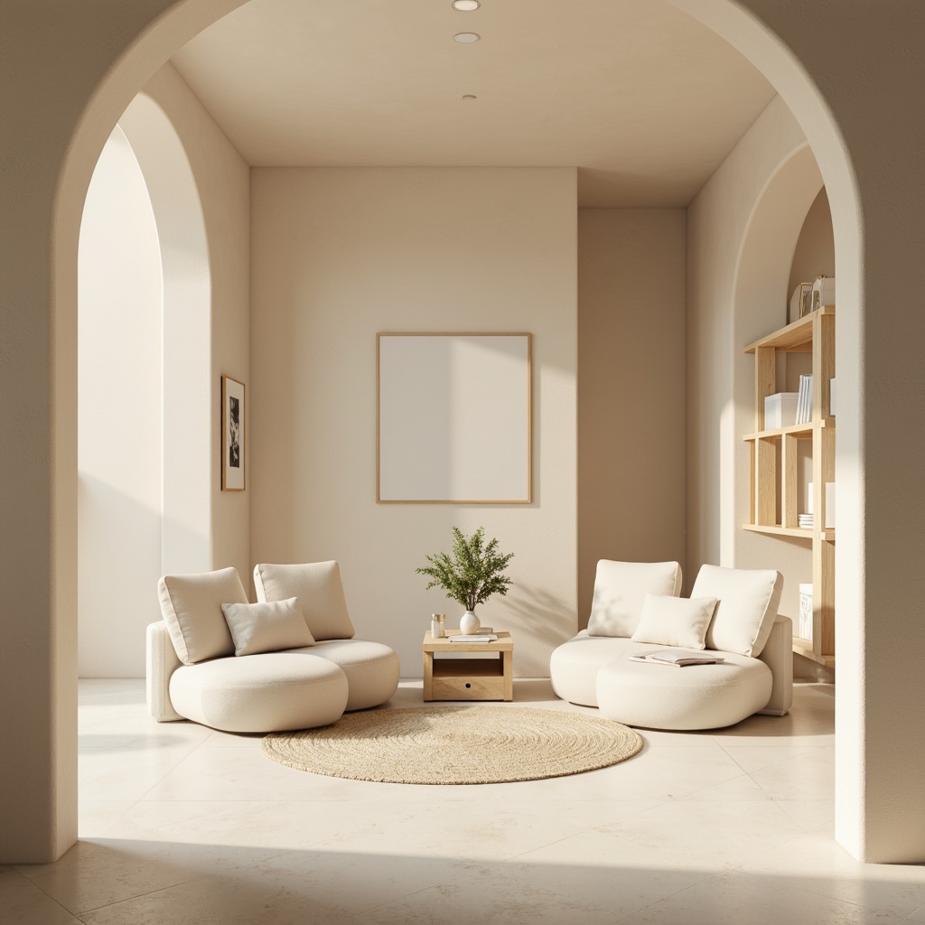 Prompt: Minimalist interior design, soft beige walls, creamy white furniture, natural wood accents, gentle curves, rounded edges, calming ambient lighting, warm neutral tones, subtle texture contrasts, organic shapes, peaceful atmosphere, serene quietude, shallow depth of field, 1/1 composition, soft focus, realistic rendering, atmospheric perspective.