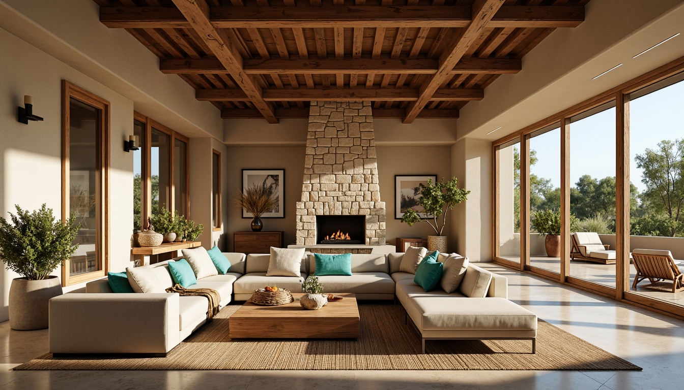 Prompt: Spacious great room, southwestern decor, open floor plan, high ceilings, exposed wooden beams, large windows, sliding glass doors, rustic stone fireplace, plush furniture, vibrant turquoise accents, natural textiles, woven baskets, desert botanicals, warm beige walls, rich wood tones, ambient lighting, soft shadows, 1/1 composition, atmospheric perspective, realistic render.