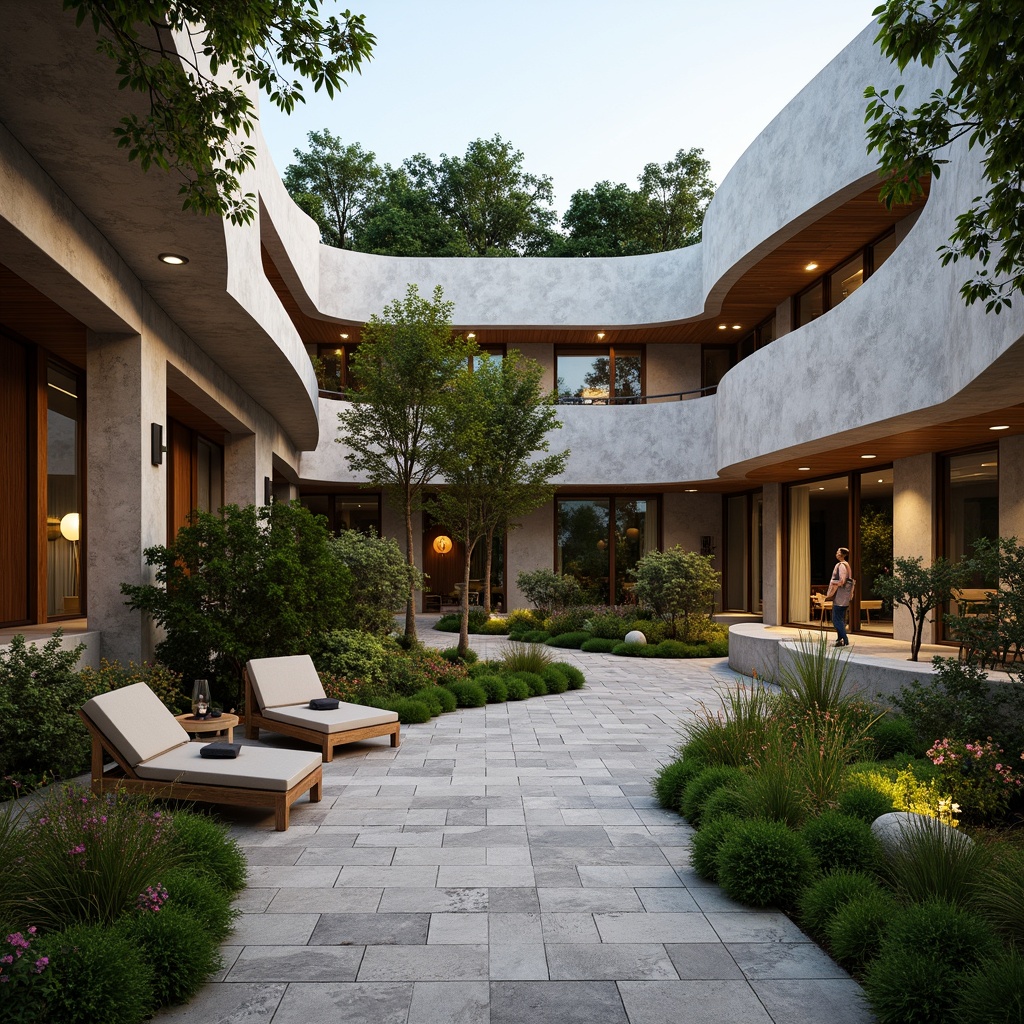 Prompt: Harmonious courtyard, lush greenery, natural stone walls, wooden benches, outdoor lighting fixtures, cantilevered roofs, floor-to-ceiling windows, sliding glass doors, modern minimalist architecture, seamless transitions, organic curves, cohesive color schemes, warm ambient lighting, shallow depth of field, 2/3 composition, panoramic view, realistic textures, ambient occlusion.