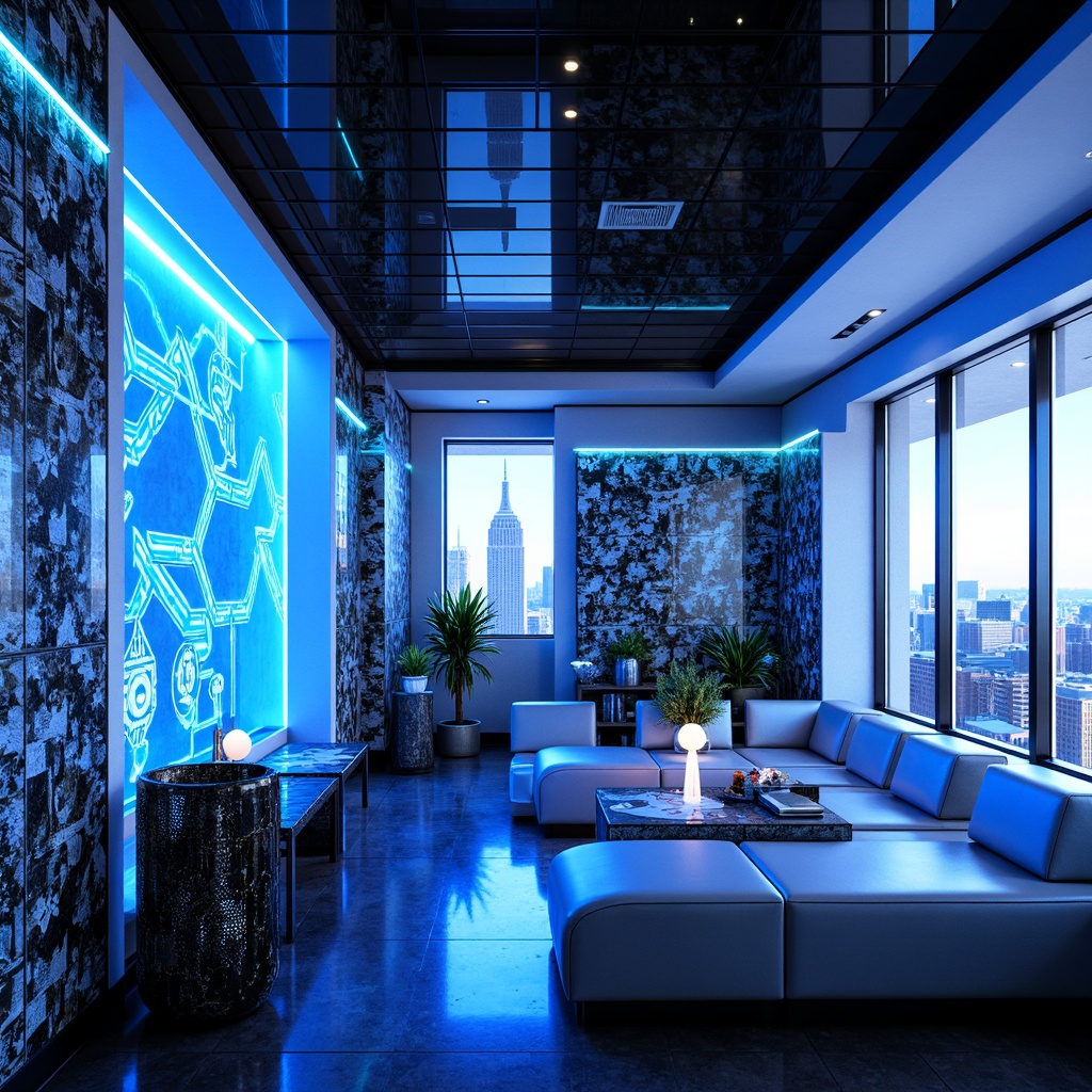 Prompt: Neon-lit futuristic interior, metallic silver accents, glossy black surfaces, vibrant electric blue hues, luminescent white walls, holographic patterns, sleek minimalist furniture, LED light strips, floor-to-ceiling windows, urban cityscape views, 3D-printed decorative elements, iridescent glass tables, shimmering chrome fixtures, retro-futuristic nostalgic vibes, high-tech gadgetry, ambient futuristic soundscapes, 1/1 composition, sharp geometric shapes, realistic reflective surfaces.