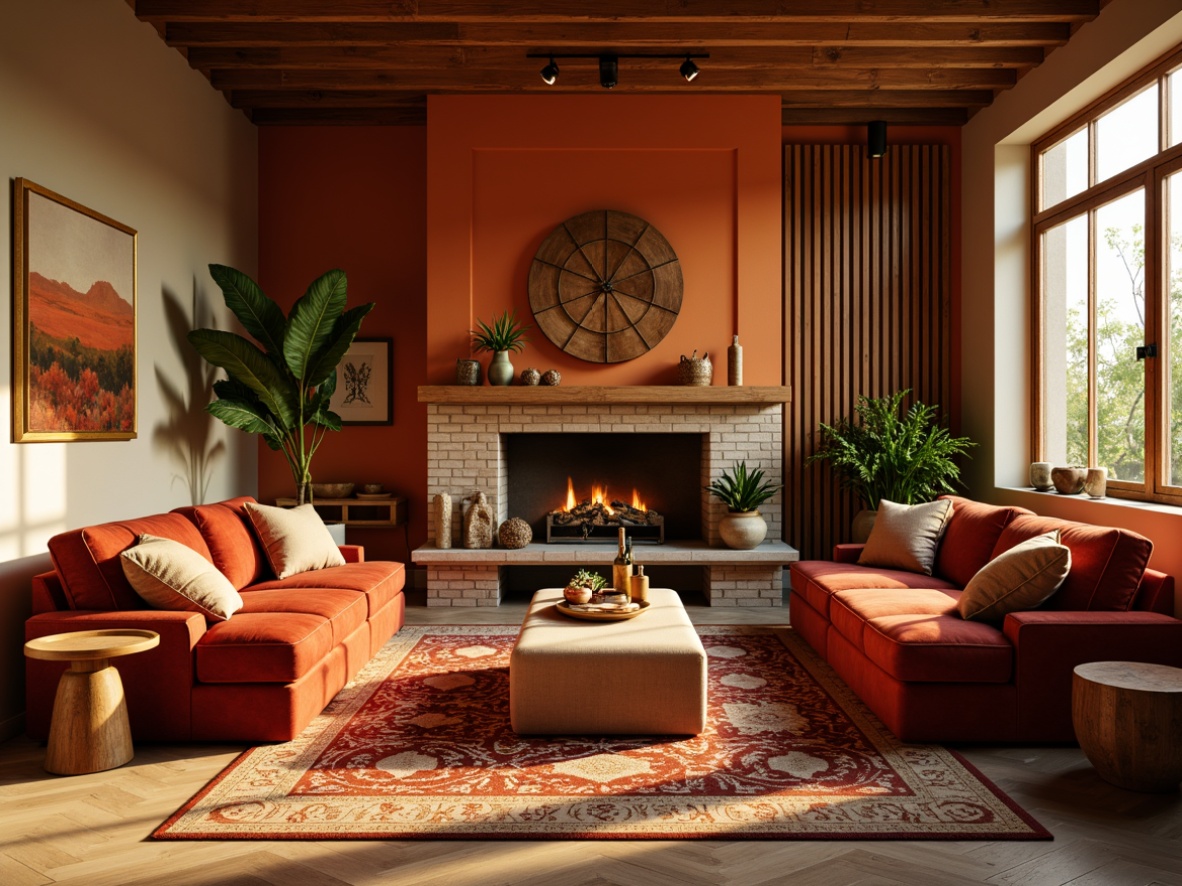 Prompt: Vibrant living room, earthy tone walls, rich wood accents, plush velvet furniture, bold patterned rug, warm golden lighting, cozy atmosphere, nature-inspired colors, calming ambiance, harmonious color scheme, 3/4 composition, soft focus, natural textures, ambient occlusion.