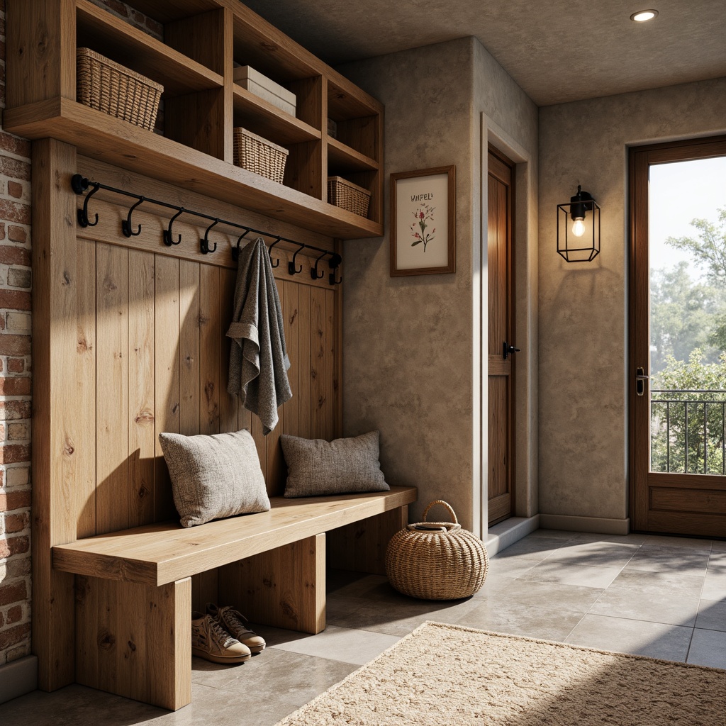 Prompt: Rustic mudroom, reclaimed wood accents, natural stone flooring, earthy color palette, wooden bench, metal hooks, woven baskets, storage cubbies, functional shelving, industrial-style lighting, exposed brick walls, cozy textiles, plush area rug, warm beige tones, shallow depth of field, 1/1 composition, realistic textures, ambient occlusion.