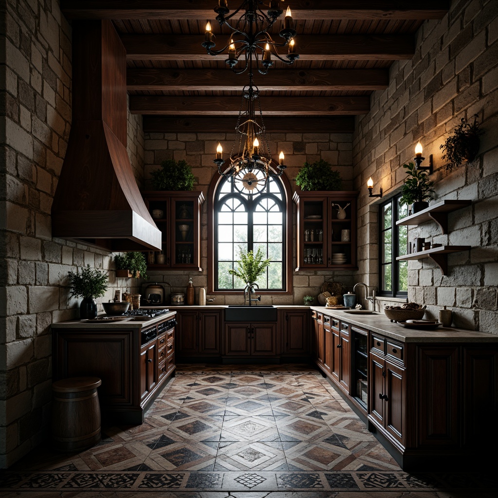 Prompt: Dark, mysterious kitchen, gothic style, medieval-inspired architecture, stone walls, vaulted ceilings, grand chandeliers, ornate wood carvings, richly textured flooring options, dark hardwood planks, distressed wooden boards, black and white marble tiles, intricate mosaic patterns, hexagonal terracotta tiles, ornate metal inlays, warm ambient lighting, dramatic shadows, high contrast ratio, cinematic composition, detailed textures, realistic reflections.