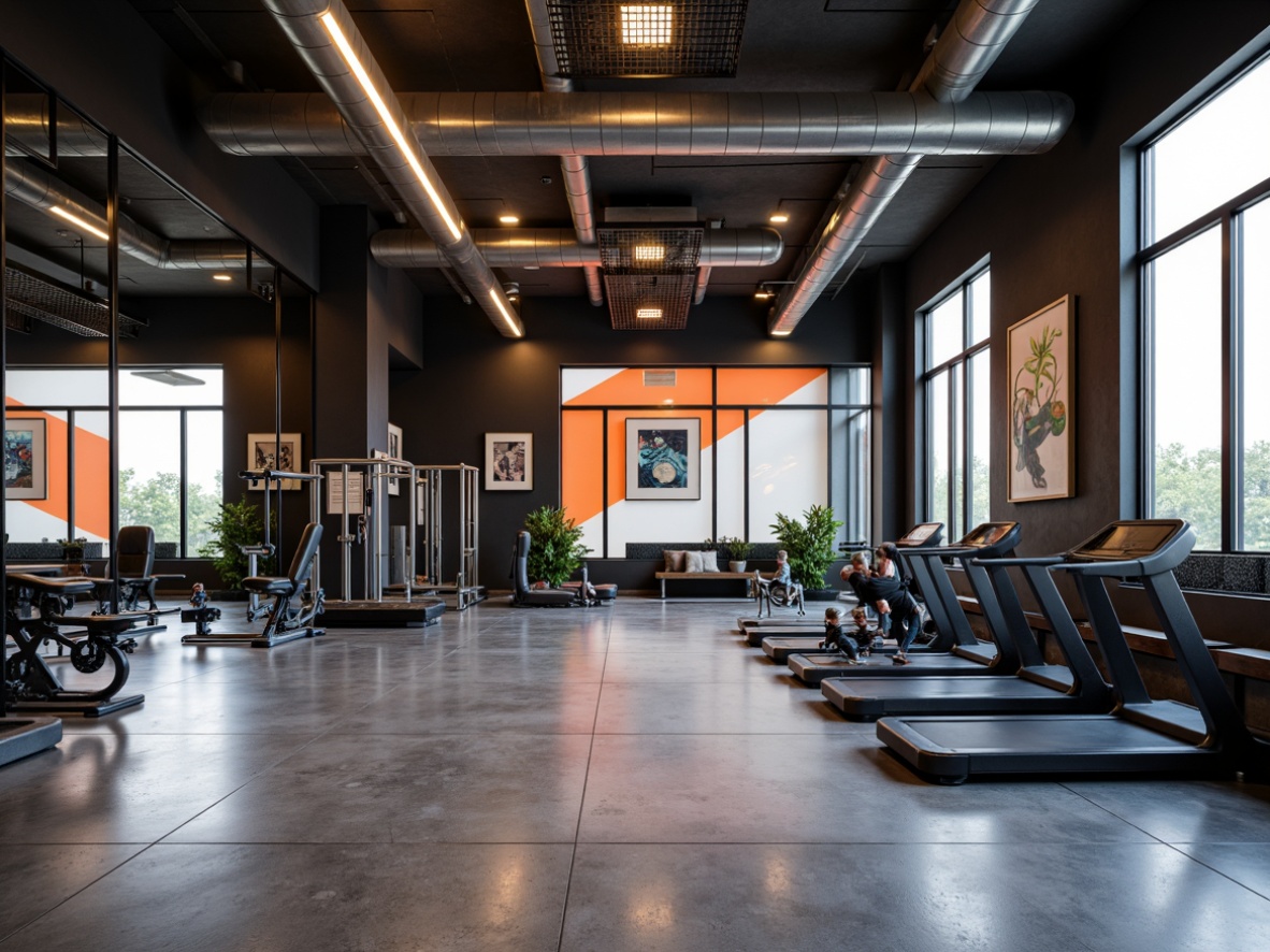 Prompt: Minimalist postmodern home gym, open space layout, industrial chic decor, exposed ductwork, polished concrete floors, mirrored walls, neon accent lighting, futuristic exercise equipment, sleek metal frames, bold color schemes, geometric patterns, abstract artwork, natural stone accents, reclaimed wood features, oversized windows, abundant natural light, softbox lighting, 1/1 composition, shallow depth of field, realistic textures, ambient occlusion.