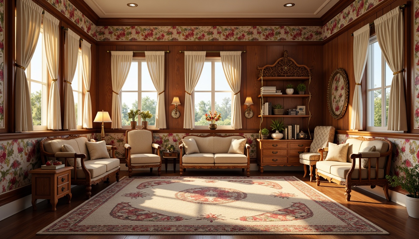 Prompt: Whimsical kids' room, rich wood paneling, ornate wallpaper borders, vibrant floral patterns, soft pastel colors, luxurious velvet fabrics, intricate carved wooden furniture, antique bronze hardware, plush area rugs, delicate lace curtains, warm golden lighting, shallow depth of field, 1/2 composition, realistic textures, ambient occlusion.