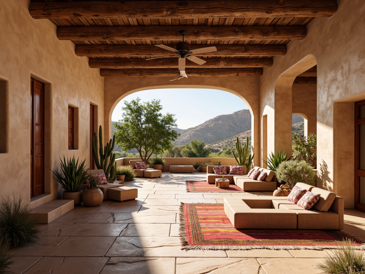 Prompt: Southwestern-inspired open space, earthy tones, natural stone floors, adobe-style walls, wooden beam ceilings, rustic wooden furniture, vibrant colorful textiles, geometric patterns, cacti and succulent plants, warm sunny day, soft diffused lighting, shallow depth of field, 3/4 composition, panoramic view, realistic textures, ambient occlusion.Please let me know if this meets your requirements!