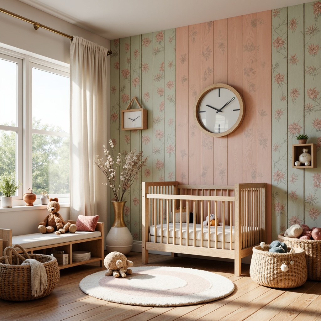 Prompt: Whimsical nursery, distressed wood accents, vintage floral patterns, soft peach tones, creamy whites, muted sage greens, warm beige textures, natural woven baskets, plush toys, cozy reading nook, large windows, sheer curtains, rustic wooden crib, woven rug, earthy terracotta pots, lively polka dots, playful pom-poms, gentle morning light, shallow depth of field, 1/1 composition, panoramic view, realistic fabrics, ambient occlusion.