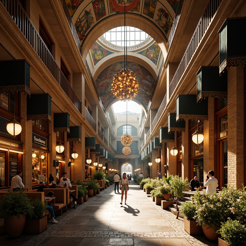 Prompt: Grand market hall, ornate stone carvings, intricate wooden furnishings, vibrant fresco ceilings, elegant chandeliers, lavish drapery, rich velvet fabrics, gilded ornaments, rustic brick walls, ornamental fountains, lively street performers, warm golden lighting, dramatic shadows, 1/2 composition, shallow depth of field, realistic textures, ambient occlusion.