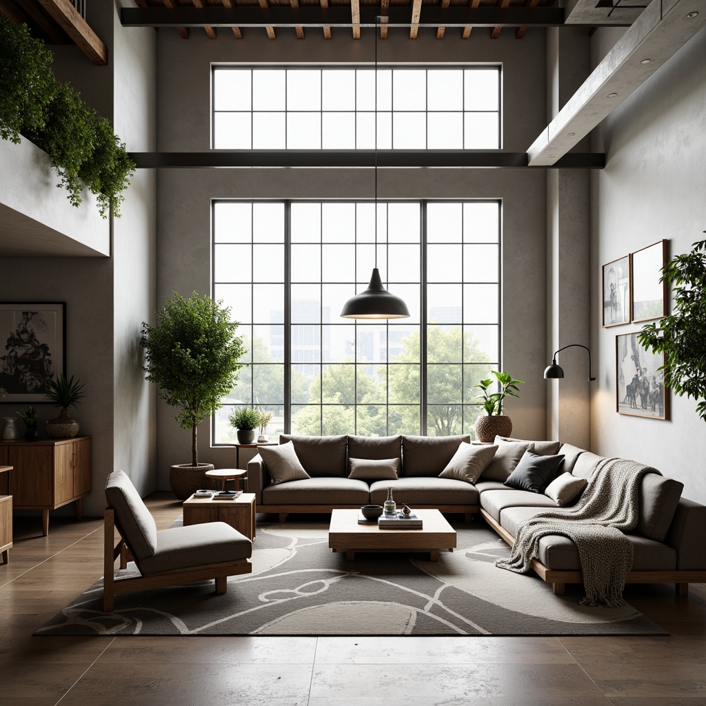 Prompt: Minimalist living room, sleek low-profile furniture, neutral color palette, spacious open layout, floor-to-ceiling windows, natural light pouring in, comfortable sectional sofa, geometric-patterned rug, modern coffee table, ambient pendant lighting, 1/1 composition, shallow depth of field, soft warm glow, cozy throw blankets, lush greenery, potted plants, industrial-chic decor, metallic accents, urban loft vibe.