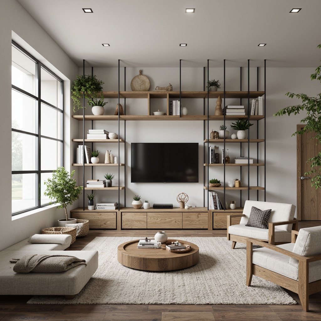 Prompt: Minimalist living room, open shelving units, industrial metal frames, reclaimed wood accents, monochromatic color scheme, modernist furniture pieces, geometric patterns, natural textiles, abundant daylight, soft diffused lighting, shallow depth of field, 3/4 composition, symmetrical layout, functional decor, edited accessories, neutral tone palette, Bauhaus-inspired aesthetic.