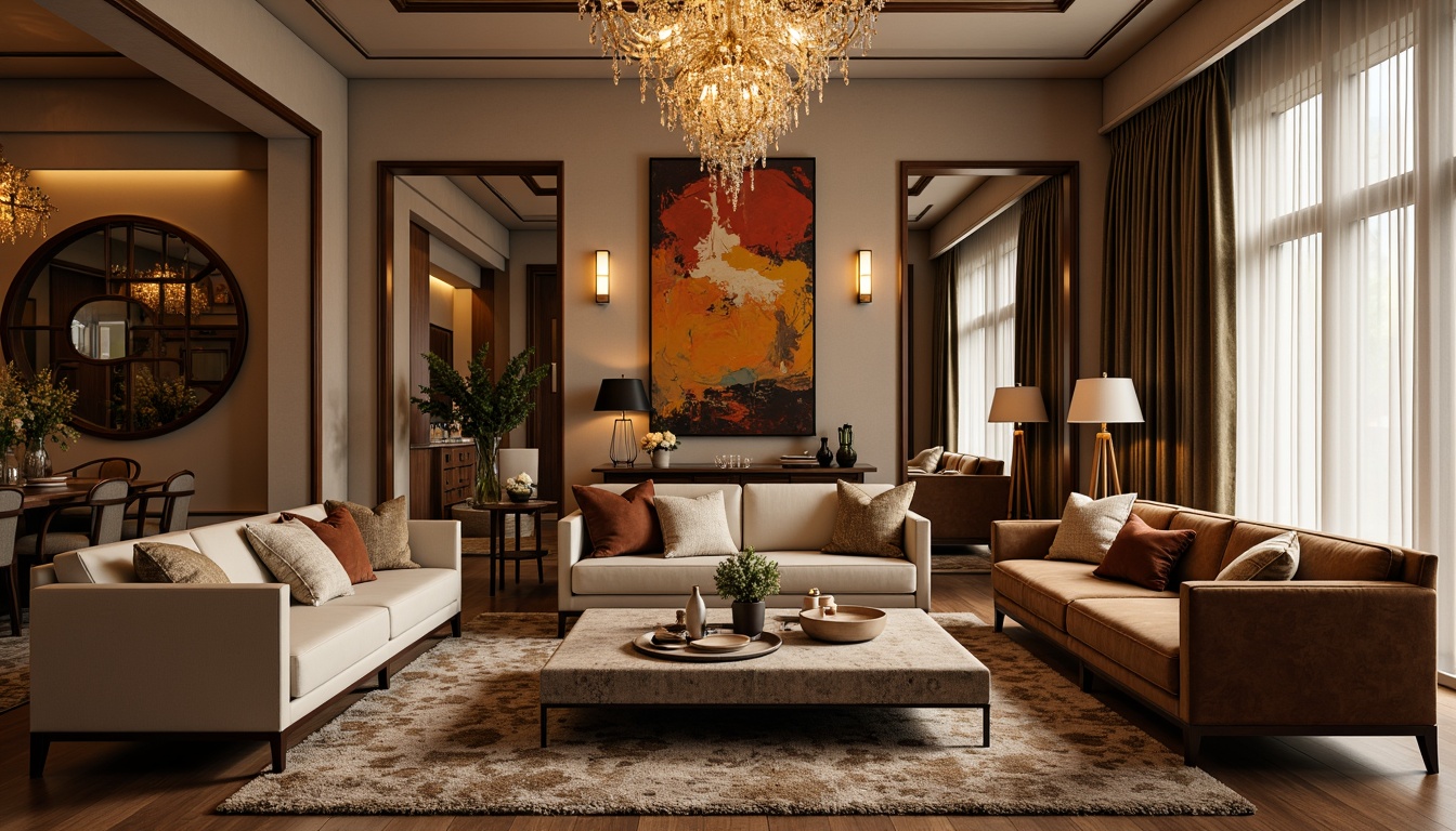 Prompt: Cozy living room, plush throw pillows, warm beige walls, dark wood furniture, ornate mirrors, sparkling chandeliers, soft velvet drapes, vibrant abstract artwork, modern minimalist decor, sleek metallic accents, textured rugs, ambient floor lamps, dramatic ceiling fixtures, elegant coffee tables, luxurious fabrics, richly patterned upholstery, warm golden lighting, shallow depth of field, 1/2 composition, realistic textures, subtle color grading.