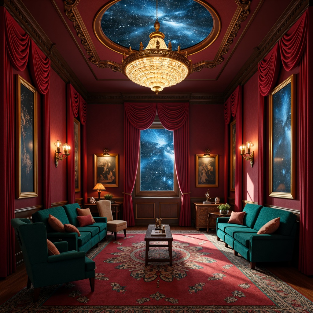 Prompt: Rich velvet drapes, luxurious crimson red walls, ornate golden frames, celestial starry night sky projections, antique brass telescopes, lavish crystal chandeliers, opulent emerald green accents, intricate wooden paneling, regal navy blue furniture, plush burgundy carpets, vintage astronomical instruments, mysterious dark wood tones, warm candlelight ambiance, soft focus bokeh, 1/2 composition, atmospheric misty effects.