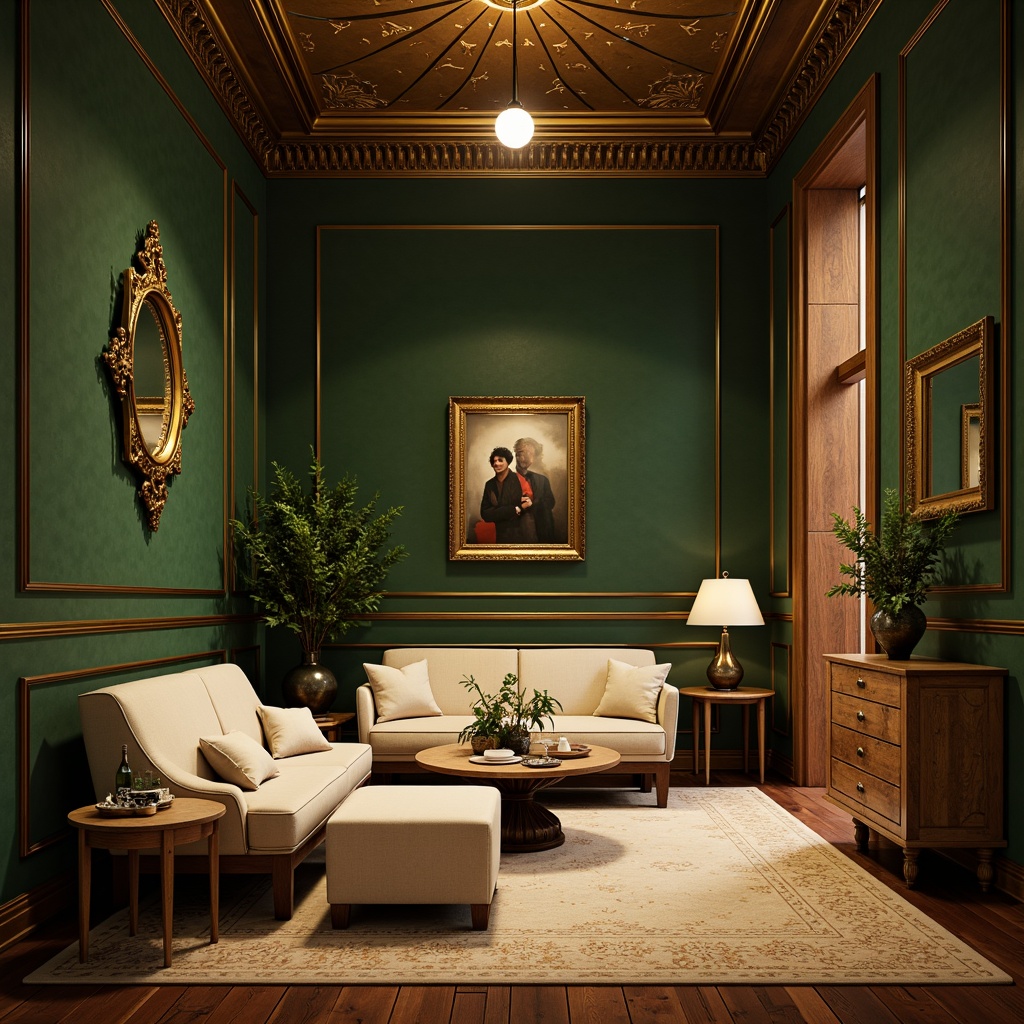 Prompt: Rich velvet fabrics, luxurious golden accents, deep emerald green walls, soft cream-colored furnishings, ornate wooden decorations, warm beige carpets, intricate metalwork details, ambient warm lighting, shallow depth of field, 1/1 composition, realistic textures, atmospheric perspective.