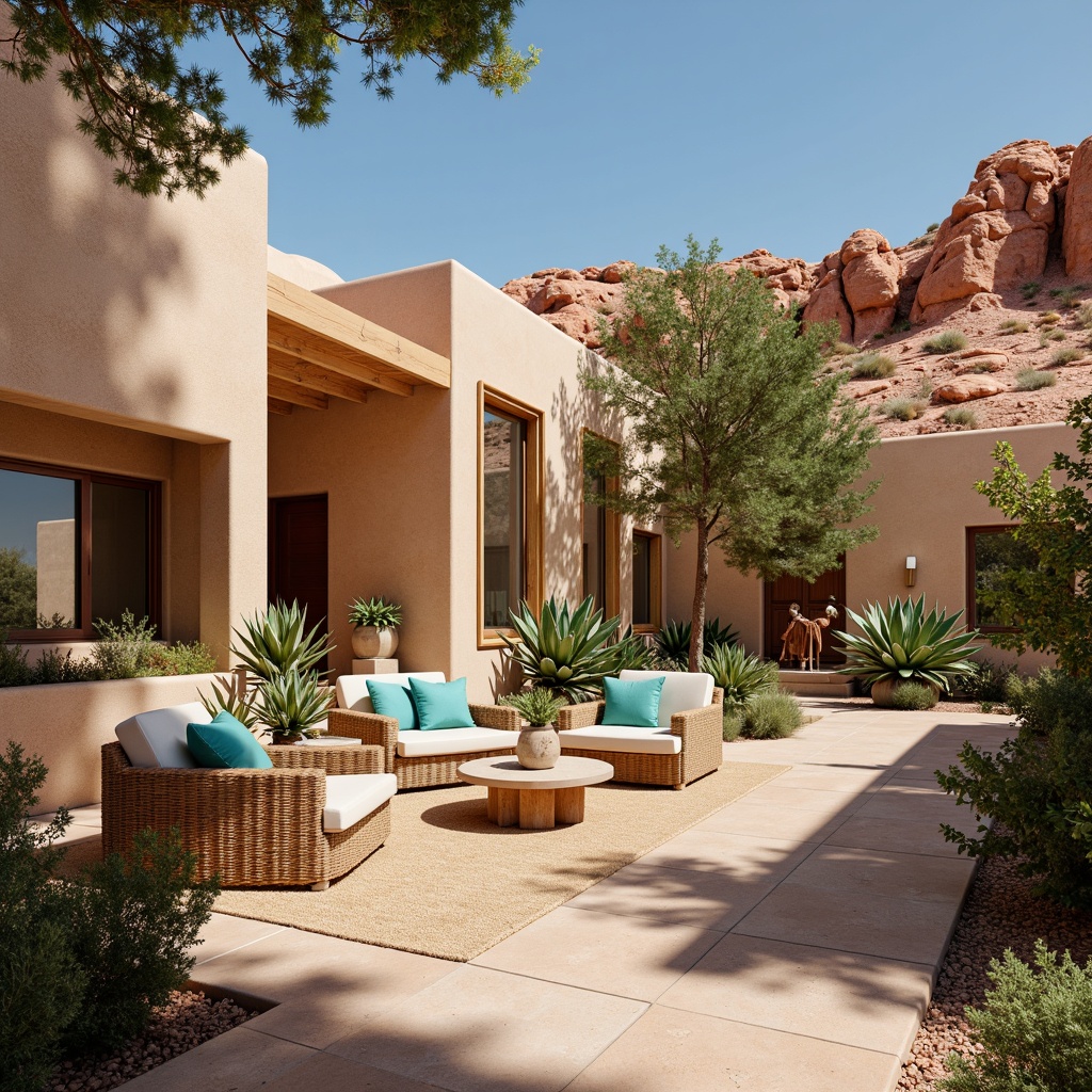 Prompt: Adobe-inspired earthy tones, rustic wooden accents, natural stone walls, woven wicker furniture, plush desert botanicals, turquoise decorative accents, sandy beige floors, southwestern patterned textiles, vibrant red rock formations, clear blue skies, warm sunny days, soft diffused lighting, shallow depth of field, 1/2 composition, realistic earthy textures, ambient occlusion.