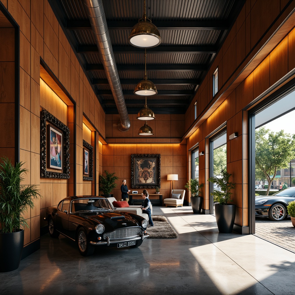 Prompt: Art Deco-inspired family garage, geometric patterned walls, metallic accents, luxurious wood paneling, ornate mirrors, bold color schemes, ornamental lighting fixtures, sleek chrome hardware, vintage car displays, polished concrete floors, industrial-chic decor, urban loft atmosphere, dramatic shadows, high-contrast lighting, cinematic composition, realistic reflections.